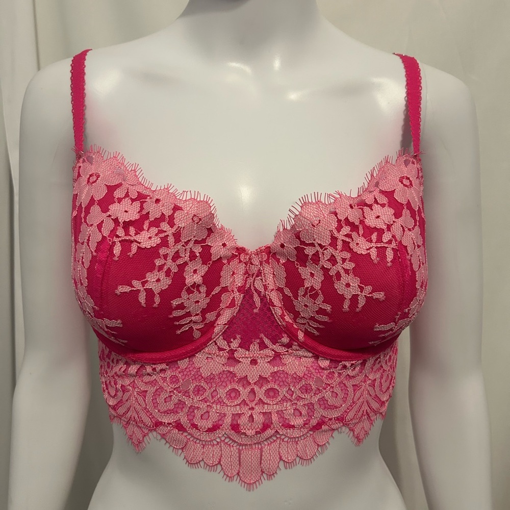 Victorias Secret Sz 32 DD Lined Demi Long Bra Mesh & Lace Pink Fairycore Boho